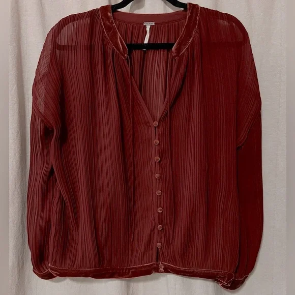 Free People Pleated Chiffon with Velvet Details Button-Up Blouse - Picture 1 of 8
